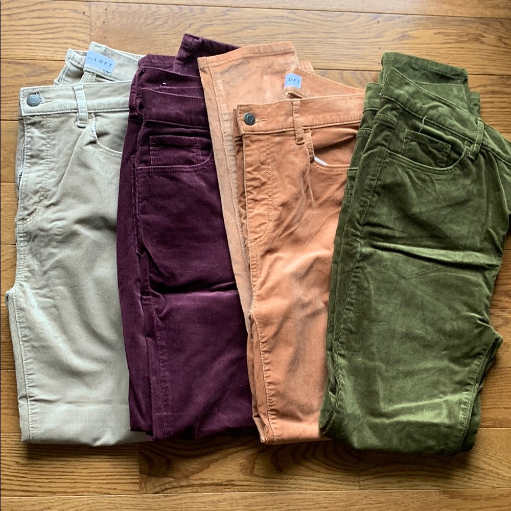 LOFT Women's Corduroy Skinny Pants in Cream, Purple, Orange, and Green.
